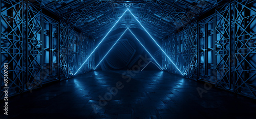 Fototapeta Naklejka Na Ścianę i Meble -  Futuristic Sci Fi Warehouse Concrete Cement Metal Structure Alien Tunnel Corridor Huge Room Triangle Neon Glowing Blue Laser Lights Cyber Stage Showroom 3D Rendering