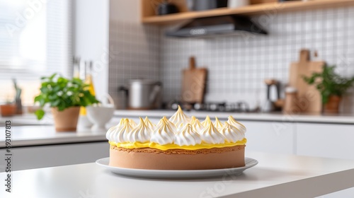 Lemon meringue pie and lemon desserts on kitchen background  perfect for text placement