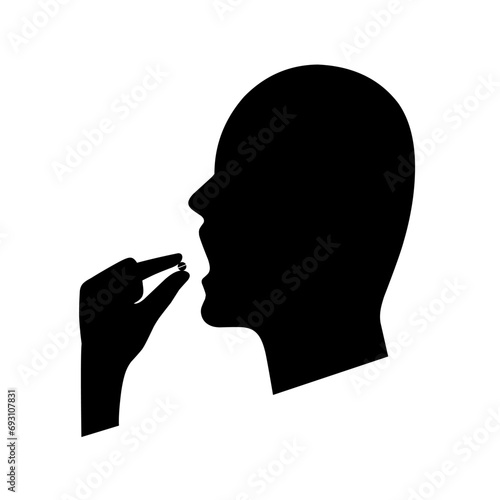 Take medicine pill icon. Head with open mouth and hand holding an oblong pill. Isolated on white background. Vector illustration