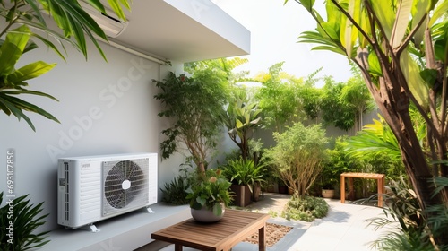 Modern and sustainable residential building with energy efficient air source heat pump installation