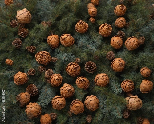 overhead view on spuce and thuja branches with cones, Christmas background photo