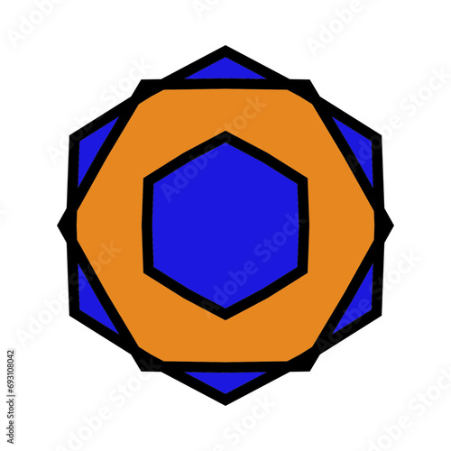 symmetrical figure composed of three different hexagons, abstract drawing made of black lines and colored surfaces, orange, blue, vector graphic,