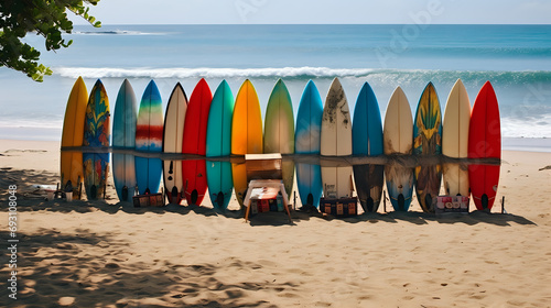 surfboards on the beach. Generative AI