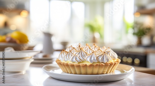 Delicious homemade lemon meringue pie and lemon desserts on defocused background with text space. photo