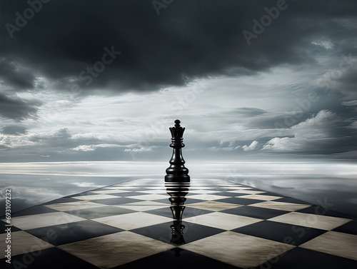 Single chess piece on giant chess board
