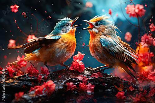 Spring symphony, Birds serenade amidst blossoms, beaks open in a vibrant melody. Capturing the essence of natures harmony in this delightful stock photo. © Людмила Мазур