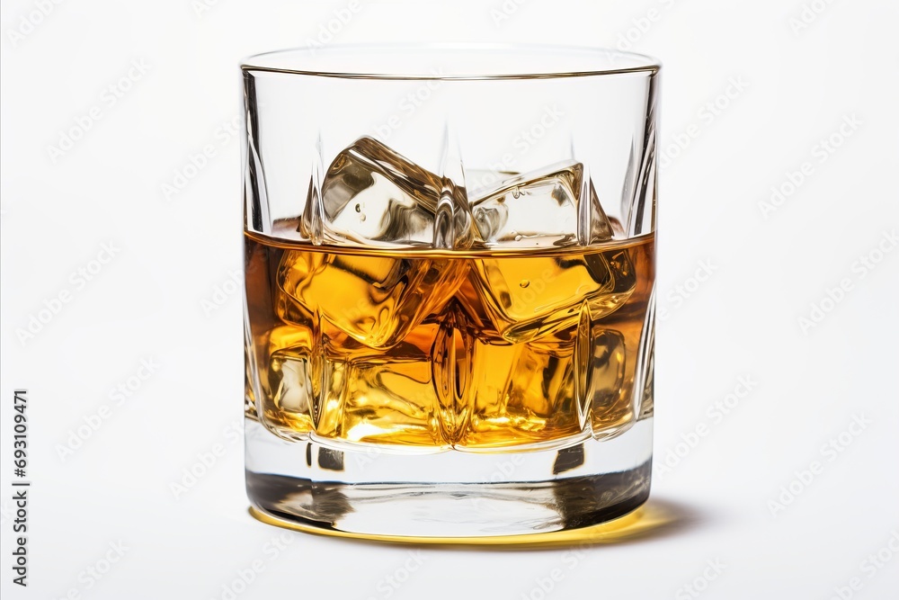 Elegant whisky glass isolated on white background with text space for creative messaging Elegant whisky glass isolated on white background with text space for creative messaging