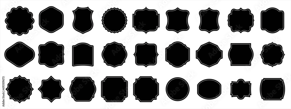 Set of black blank labels with cute white frame vector illustration isolated on white. Price tag, sale sticker, quality mark, sale or discount sticker, promotional badge set, shopping labels - obrazy, fototapety, plakaty 
