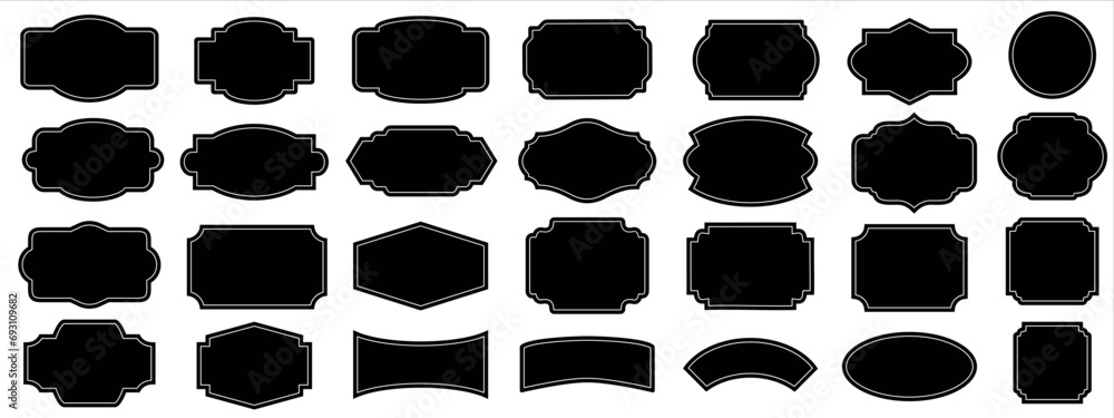 Set of black blank labels with cute white frame vector illustration isolated on white. Price tag, sale sticker, quality mark, sale or discount sticker, promotional badge set, shopping labels - obrazy, fototapety, plakaty 