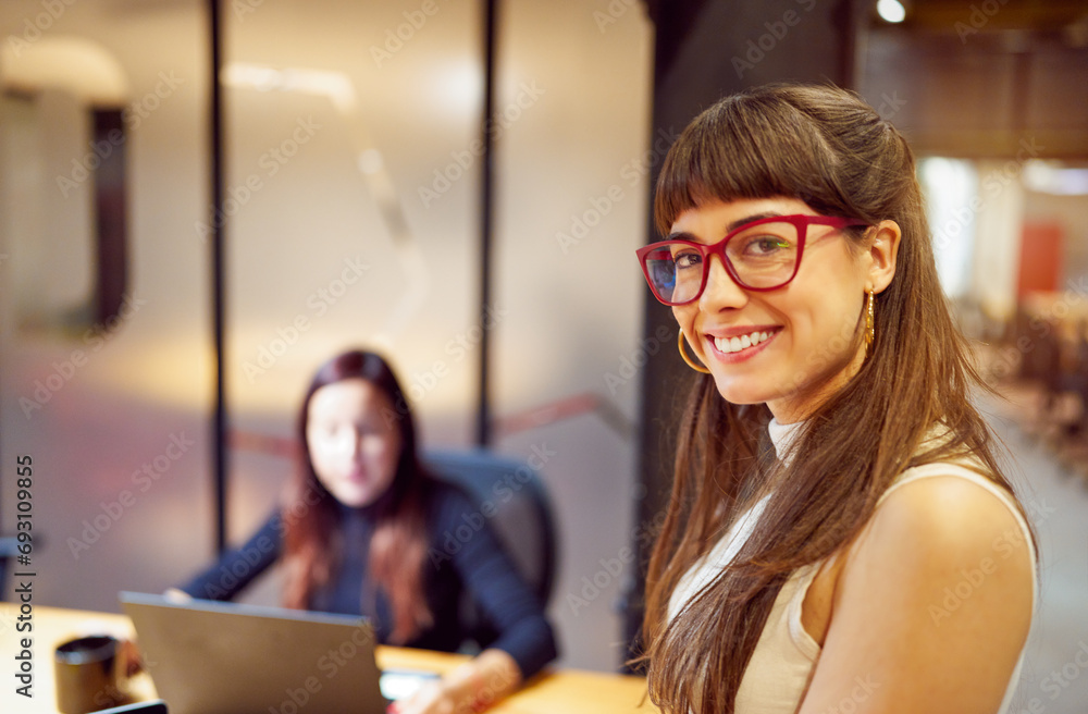 portrait caucasian woman in interior of an office meeting room or classroom