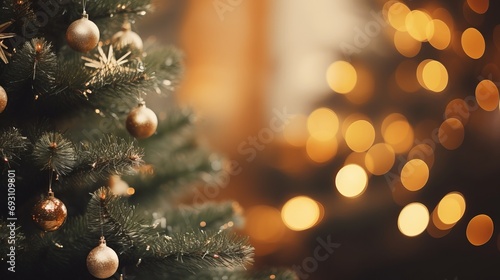 Golden baubles christmas tree close up with sparkling lights   festive and magical wide banner photo