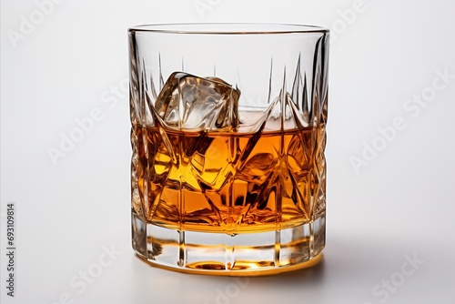 Whisky glass with golden amber liquor on white background, ideal for text placement and branding