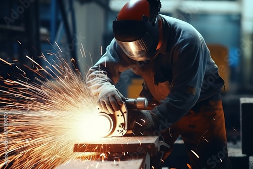 Worker grinding in a workshop.