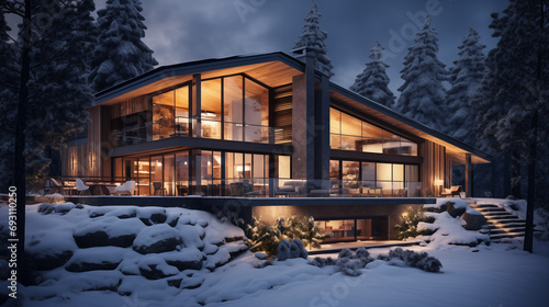 The facade of a contemporary luxury cottage, enveloped in a thick blanket of snow, exuding a serene ambiance on a winter evening