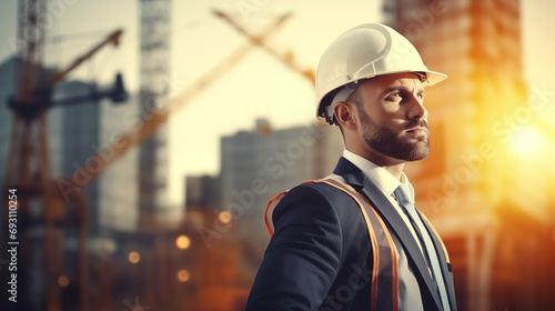 The engineer stands against a vast industrial backdrop, while the construction manager is positioned amidst the industrial setting