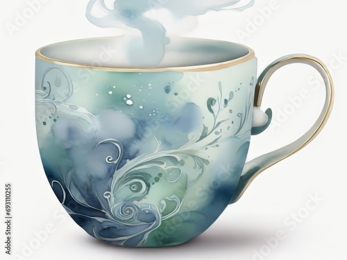 Una taza de café de acuarela de ensueño, con suaves lavados de azules y verdes apagados, acentuada con delicados detalles de vapor arremolinado photo