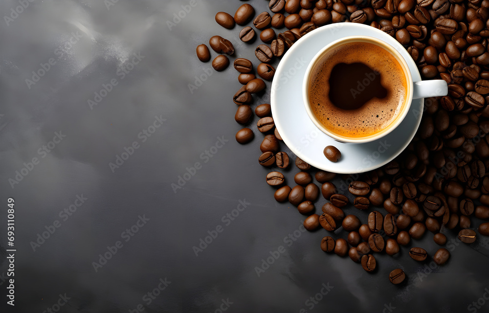coffee cup and coffee beans on grey snowy background top view coffee cup and coffee beans on grey snowy background top view
