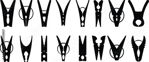Black silhouettes of clothespins set. Isolated vector on white background

