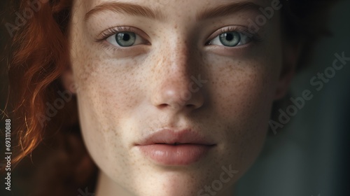 Beauty, portrait and natural face of woman with healthy freckle skin texture touch. Aesthetic, facial and skincare cosmetic model girl touching cheeks for self love and wellness, generative ai photo