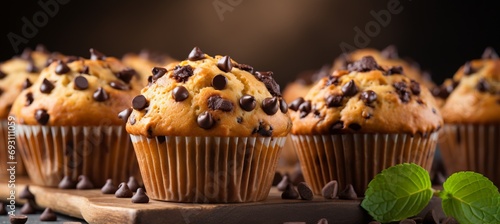 Easy homemade chocolate chip muffins on blurred background with copy space in cozy kitchen