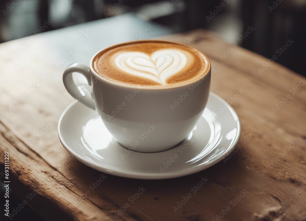 Close up white coffee cup with heart shape latte art on wood tab
Close up white coffee cup with heart shape latte art on wood tab