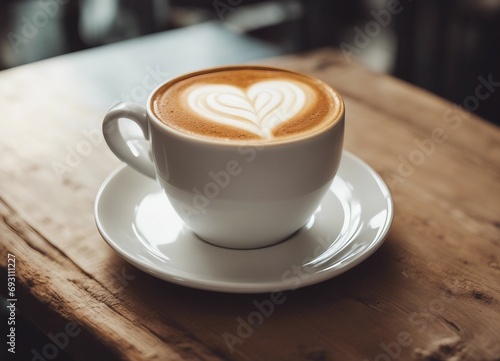 Close up white coffee cup with heart shape latte art on wood tab 