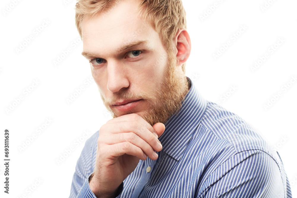 Thinking, white background and portrait of business man with ideas, brainstorming and thoughtful. Professional, problem solving and face of person with hand on chin for career, job and work in studio Thinking, white background and portrait of business man with ideas, brainstorming and thoughtful. Professional, problem solving and face of person with hand on chin for career, job and work in studio