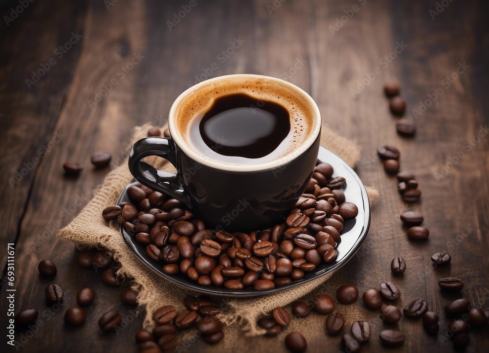 Fototapeta premium Espresso Coffee Cup With Beans On Vintage Table, there's a sack with coffee beans on the side