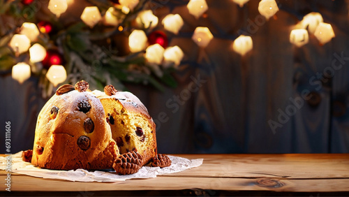 Um panetone sobre uma mesa de madeira com luzes de Natal ao fundo. Com espaço para texto.