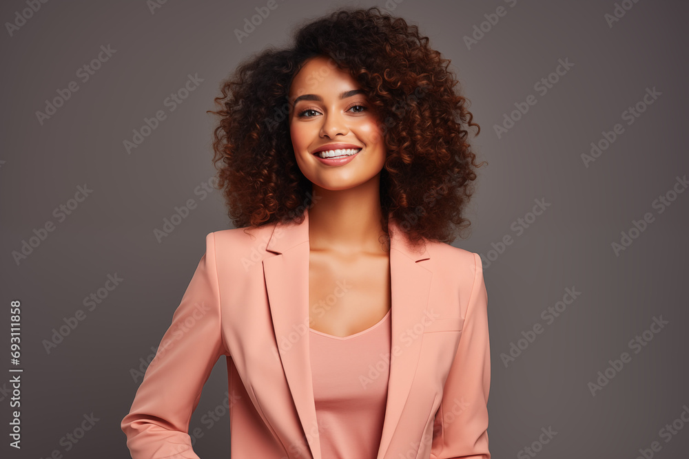 Radiant Young Black Woman in Peach Fuzz Suit on Studio Background Radiant Young Black Woman in Peach Fuzz Suit on Studio Background