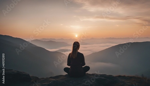 Young woman meditating at dawn on a mountain with panoramic views  back view  sunrise  foggy mountain 
