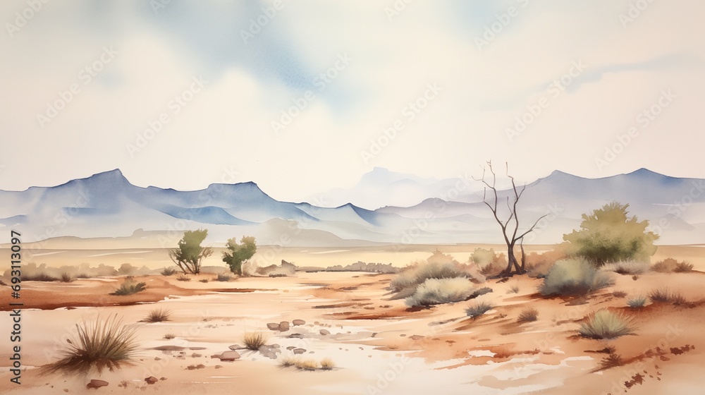 Watercolor wasteland landscape - obrazy, fototapety, plakaty 
