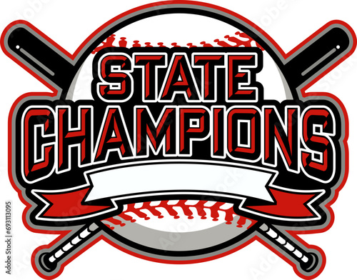 state champions in baseball team design with ball and banner for school, college or league sports