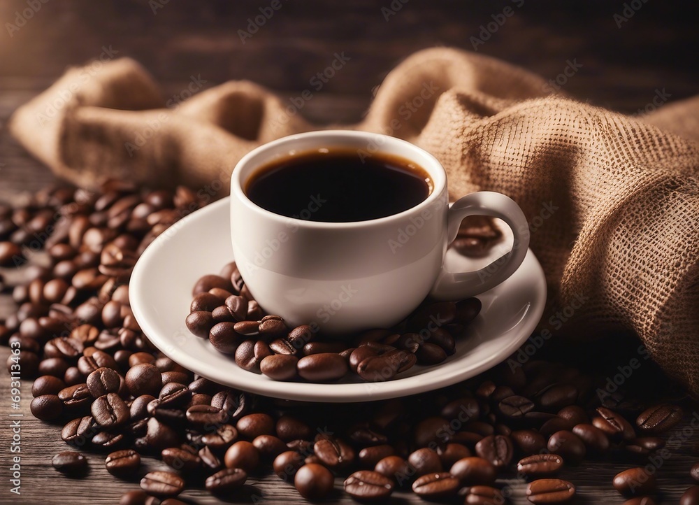 Fototapeta premium cup of filter coffee, coffee beans, sack, decorative background 