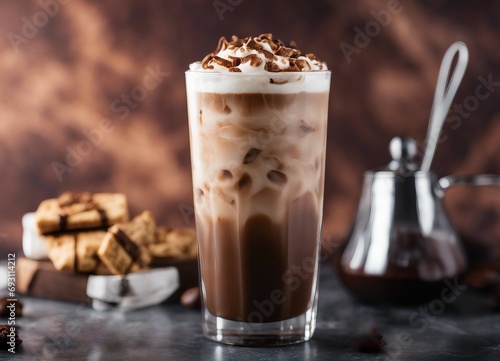 iced mocha latte on dark marble background 