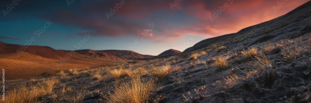 Obraz premium Landscape of a hillside at sunset. Dry grass in the light of the setting sun in close-up.
