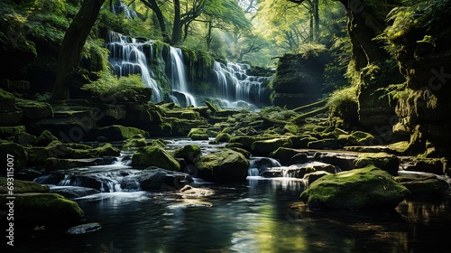 A hidden waterfall deep within a lush green forest, surrounded by moss-covered rocks and vibrant foliage, creating a secret oasis