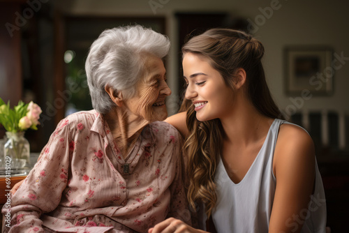 Happy adult granddaughter and older grandmother enjoying conversation in modern living room.