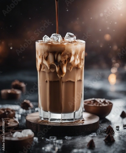 iced mocha latte on dark marble background