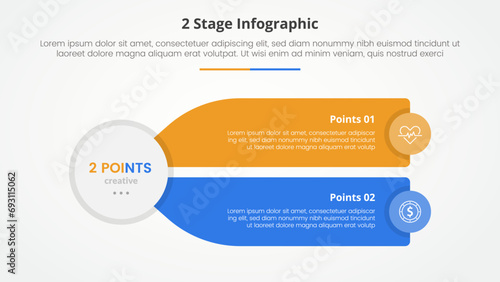 2 points stage template for comparison opposite infographic concept for slide presentation with big circle and long rectangle box description with flat style
