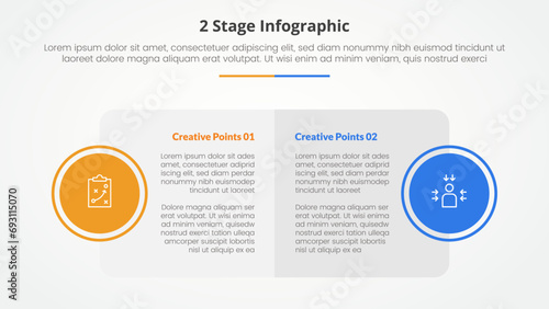 2 points stage template for comparison opposite infographic concept for slide presentation with big box table and circle badge on side with flat style
