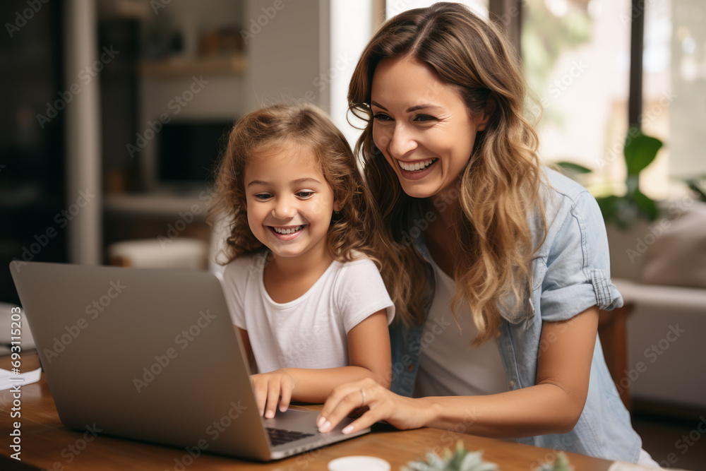 A loving young mother and her little preschool daughter are sitting at the table together, using a laptop, having fun. A loving young mother and her little preschool daughter are sitting at the table together, using a laptop, having fun.