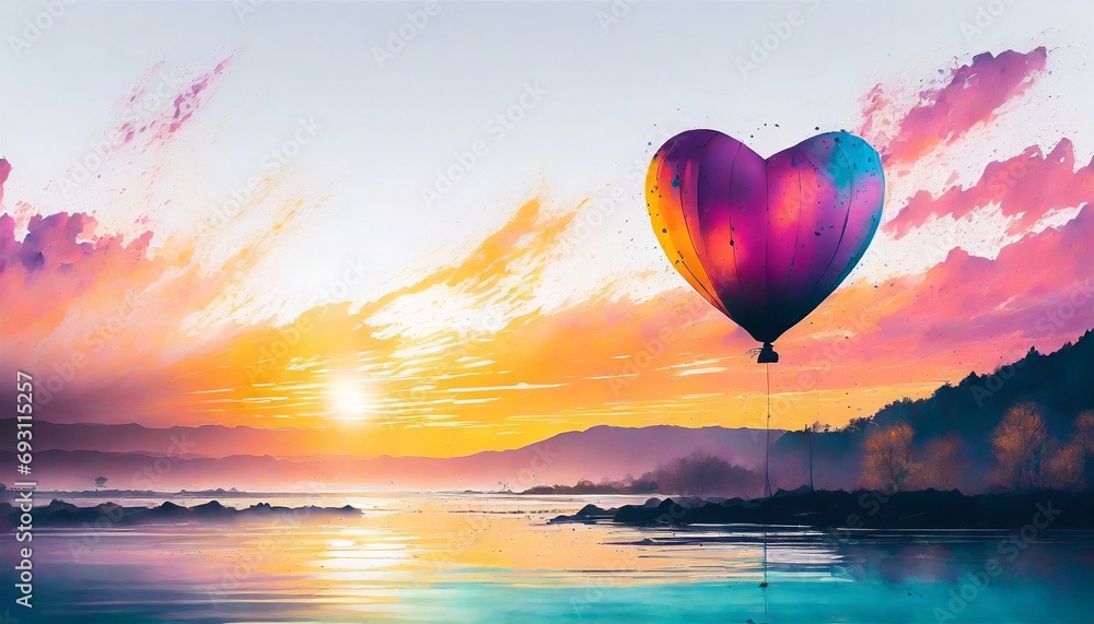 Kolorowy balon unoszący się nad wodą na tle nieba i zachodzącego słońca. Motyw miłości, walentynek - obrazy, fototapety, plakaty 