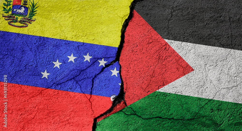 Venezuela and Palestine flags on a stone wall with a crack, illustration of the concept of a global crisis in political and economic relations
