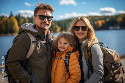 Family portrait of travelers against the backdrop of a lake and autumn forest.