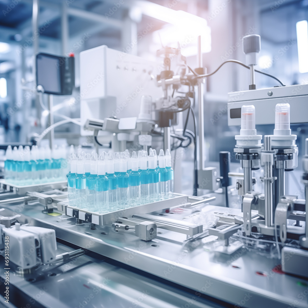 The medical ampoule production line in a modern pharmaceutical factory, realistic and clear The medical ampoule production line in a modern pharmaceutical factory, realistic and clear