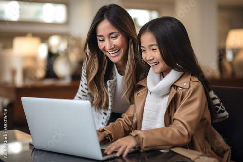 Mother and daughter shopping online using laptop.