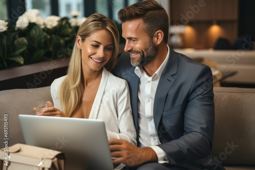 Happy woman shopping online with her beloved man.