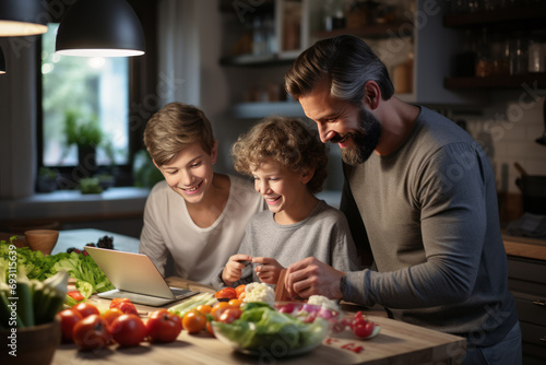 Sons learn to cook  look at a recipe on a touch screen tablet in the kitchen at home  and their father helps them.