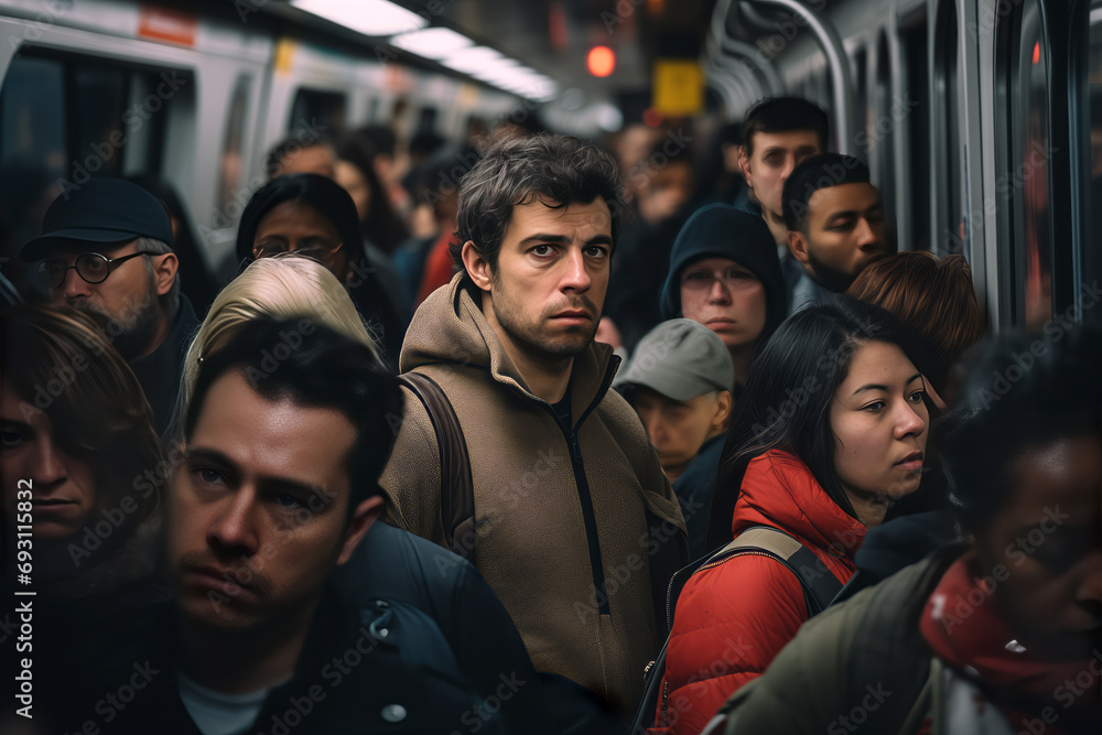 Portrait of a sad man in a crowded subway train. Portrait of a sad man in a crowded subway train.